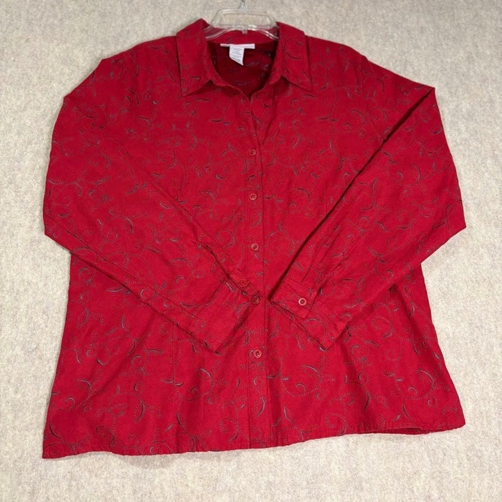 Sag Harbor Button Up Shirt Womens XL Red Faux Suede Embroidered Classic Chic Top